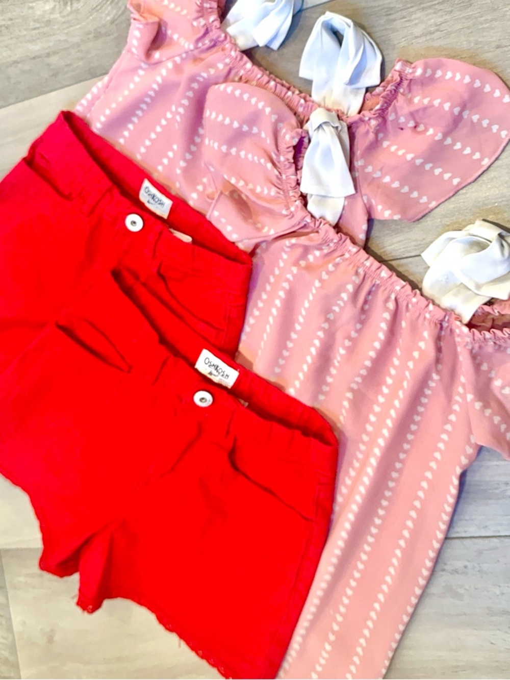 2 twin/identical sets of matching girls summer top and bottoms outfit sets.
